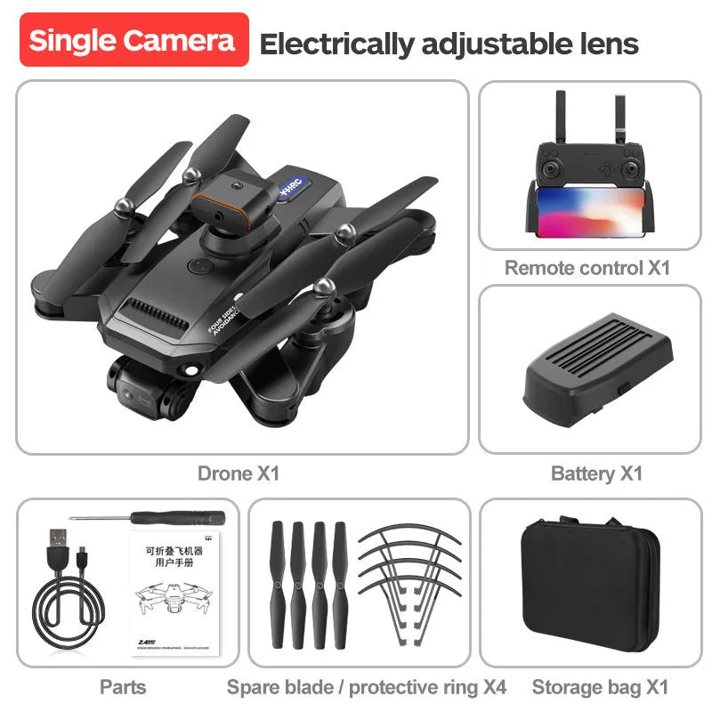 Black quadcopter drone with 8K electric modulation lens and transparent propeller guards against white background
