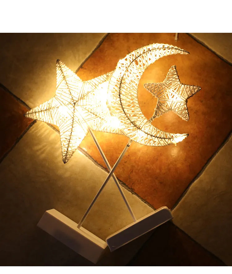 Battery-powered LED decorative lamp in star, love, or moon shape with rattan construction