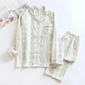 Japanese Sweet Ladies' cotton gauze homewear two-piece set in colour stripes pattern, featuring a long-sleeved top and trousers.