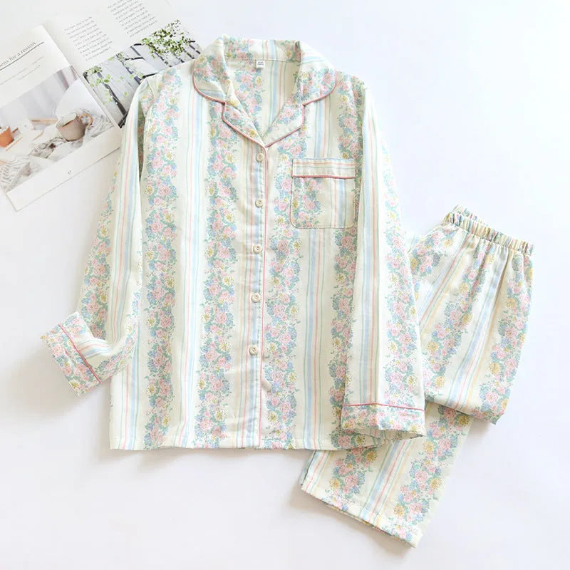 Japanese Sweet Ladies' cotton gauze homewear two-piece set in colour stripes pattern, featuring a long-sleeved top and trousers.