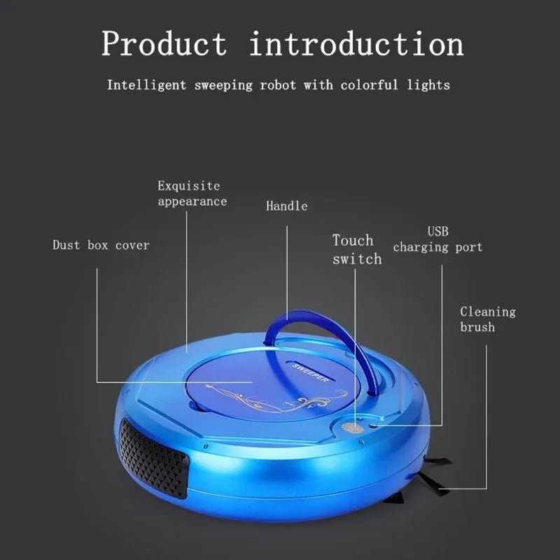 Blue robotic floor vacuum cleaner with dust box on hard wooden flooring