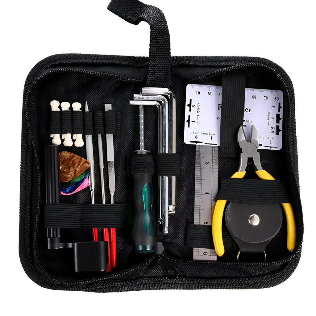 Black plastic and metal guitar repair tool kit for guitars, basses, mandolins and banjos