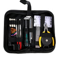 Black plastic and metal guitar repair tool kit for guitars, basses, mandolins and banjos
