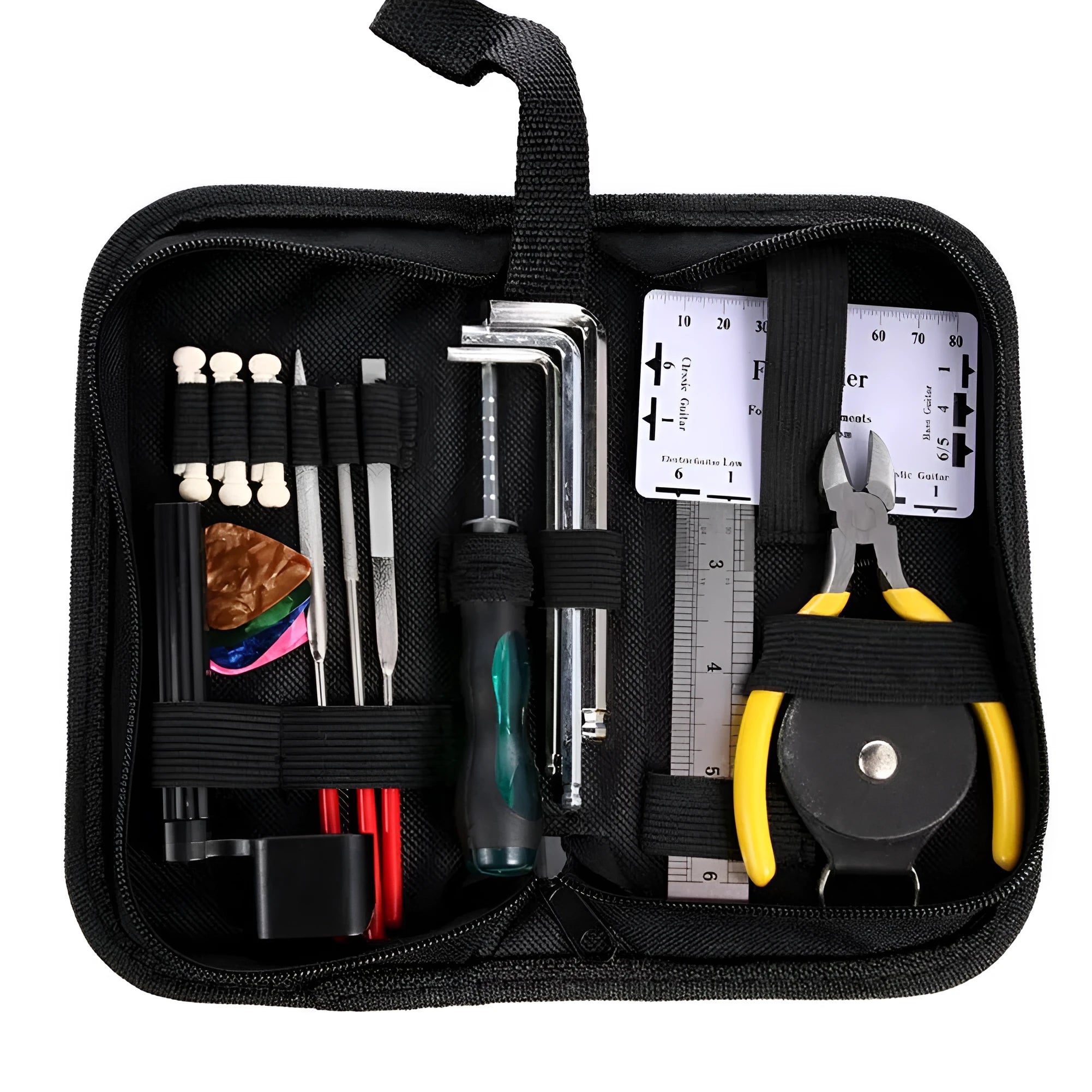 Black plastic and metal guitar repair tool kit for guitars, basses, mandolins and banjos