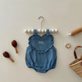 Sleeveless cotton denim baby romper in dark blue or light blue, pullover triangle jumpsuit, sizes 66cm to 100cm