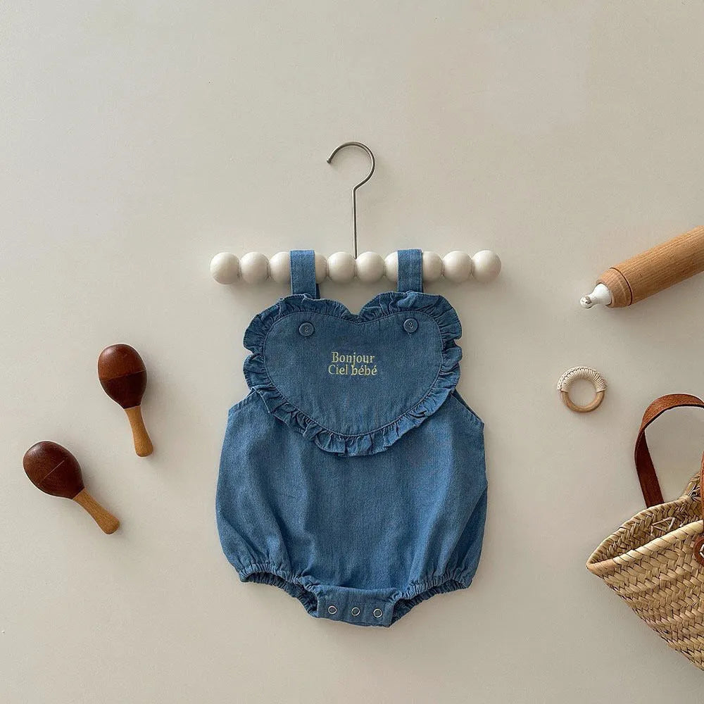 Sleeveless cotton denim baby romper in dark blue or light blue, pullover triangle jumpsuit, sizes 66cm to 100cm