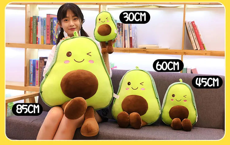 Green avocado plush toy in super soft short plush with PP cotton filling, available in 30cm to 85cm sizes.