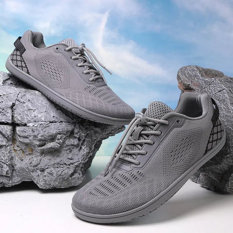 Extra wide barefoot shoes for couples with wide toe box, non-slip rubber outsole, and fly woven cotton upper in beige