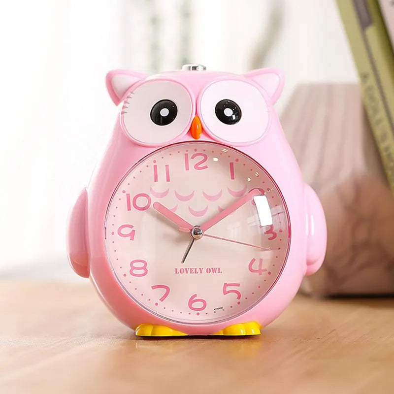 Creative children owl cartoon clock in pink plastic with silent alarm, 14x11.5x17.5cm