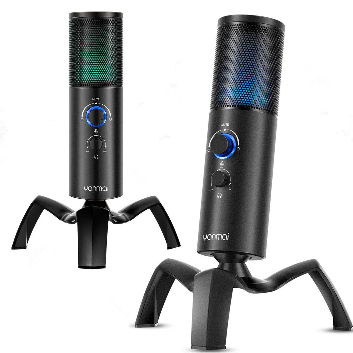 Black Q18 USB condenser microphone with RGB lights on an adjustable metal tripod stand.