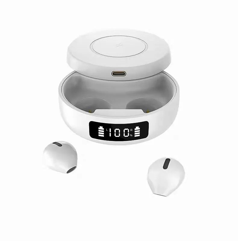 Black, white and coloured mini semi-in-ear wireless headphones with charging compartment