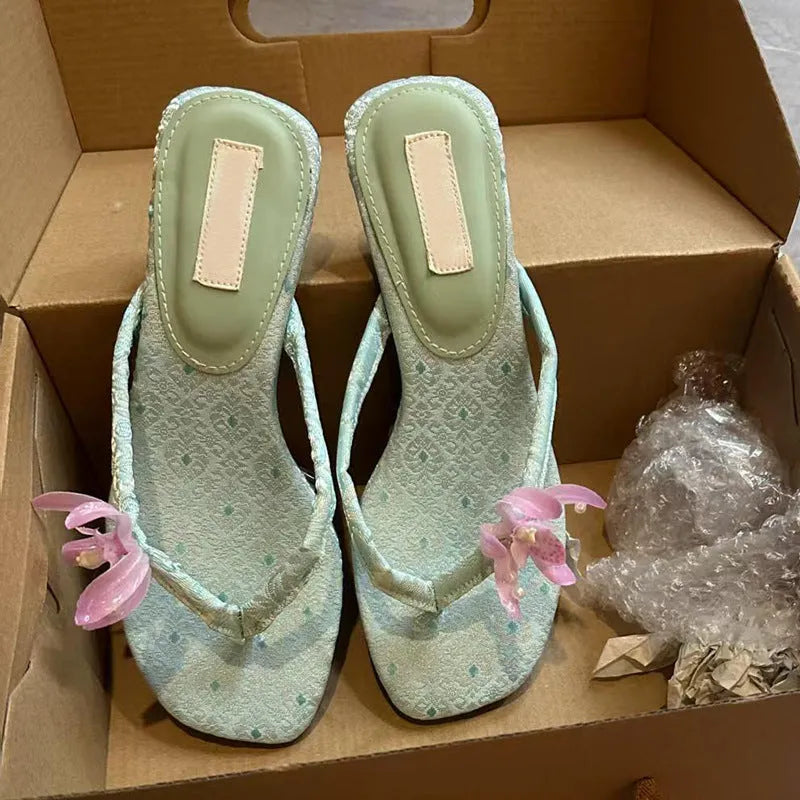 Blue cowhide leather square-toe flower flip-flop for women, size 37, street style
