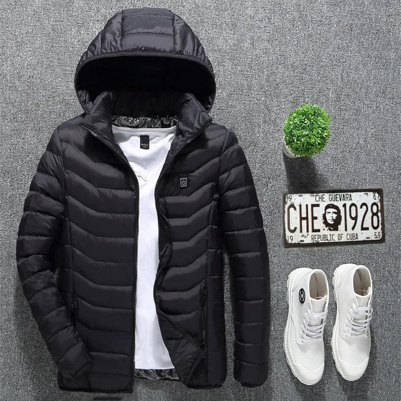 Men's USB heated jacket with detachable hood, shown in black, featuring zip-up front and elastic cuffs.