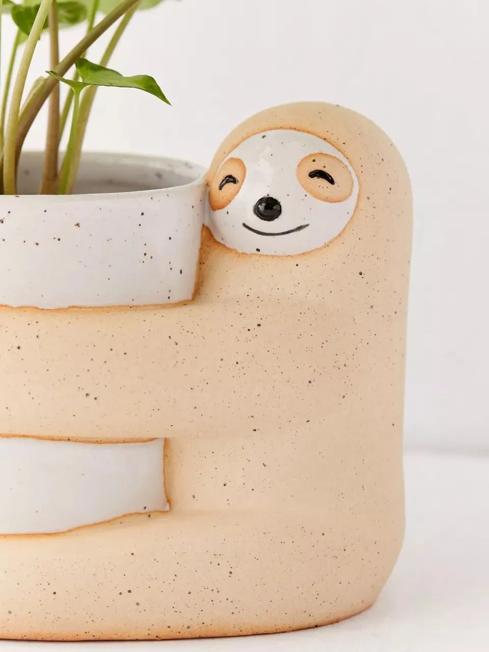Ceramic sloth flower pot with green plant, 9cm diameter, medium size, photo colour