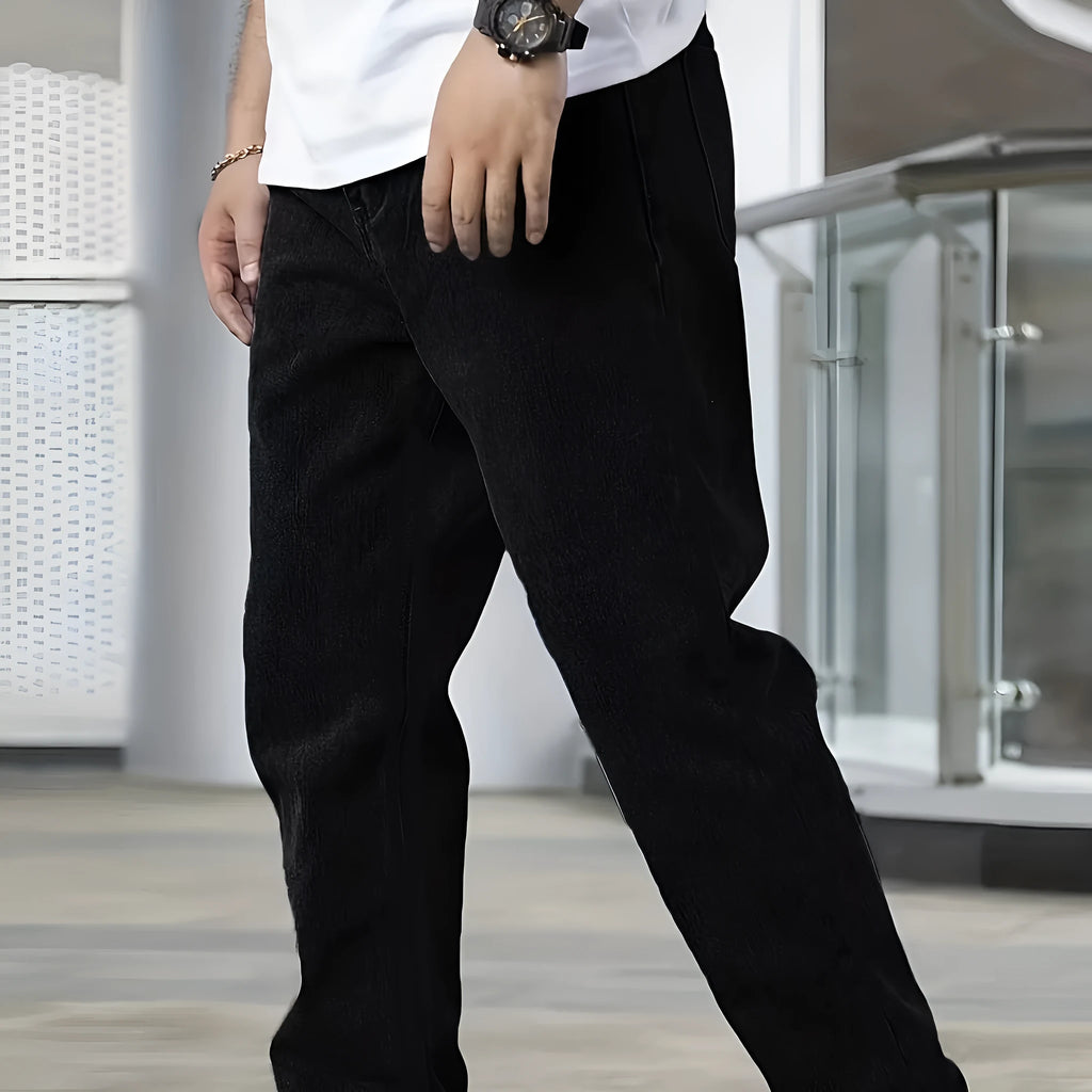 Men's black straight-leg cotton jeans mid-rise zip fly casual trousers front view