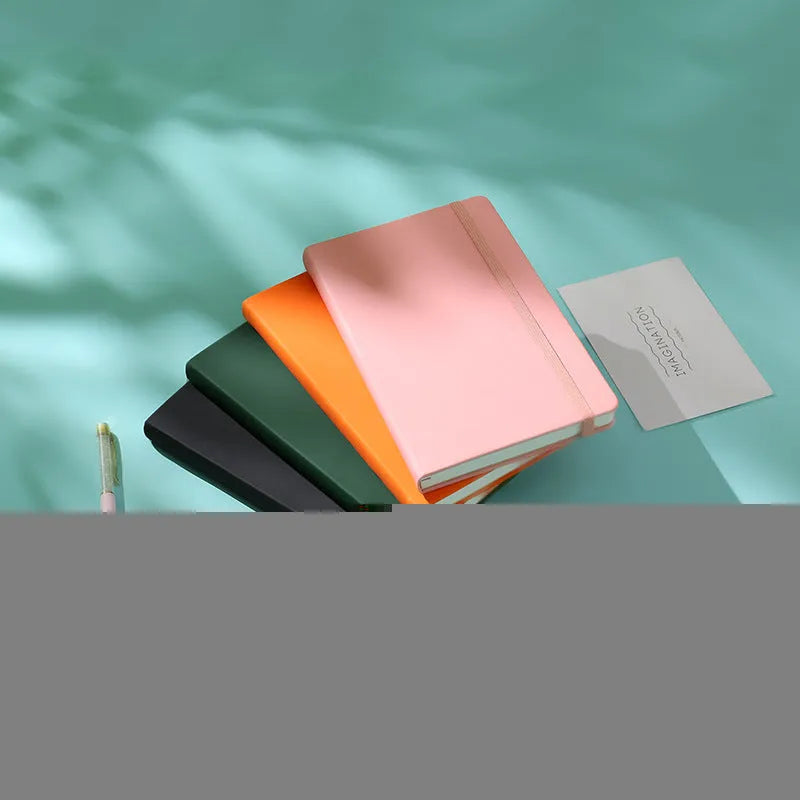A5 tactile PU hardcover notebook with 96 sheets of 100gsm white paper and sewn adhesive binding, shown in available cover colours.