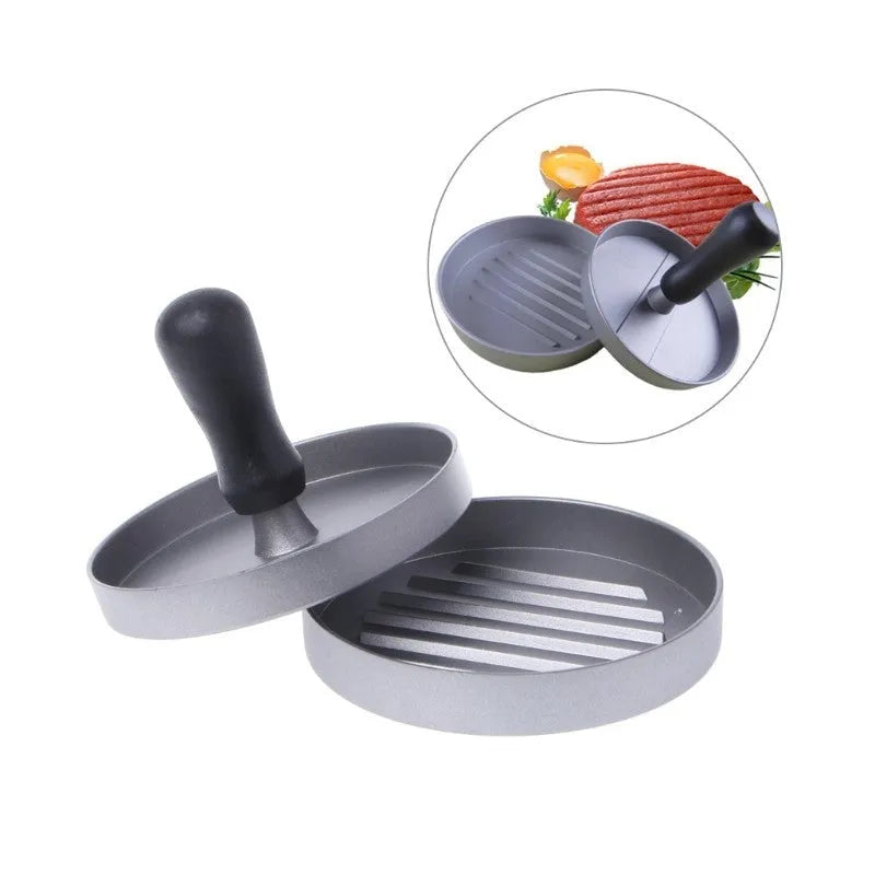 Single burger press in aluminium die casting, 12 x 12 x 9 cm, with base and handled press plate for meatloaf and barbecue use