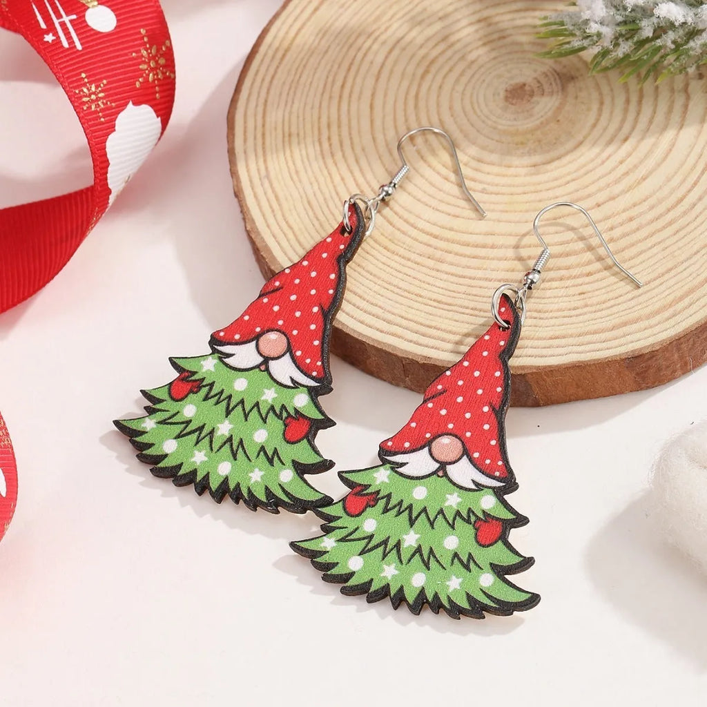 Women's wooden Christmas earrings with geometric shapes featuring Christmas tree and snowman designs