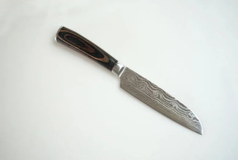 7Cr17 stainless steel chef knife with 18cm blade, laser Damascus pattern, and coloured wood handle