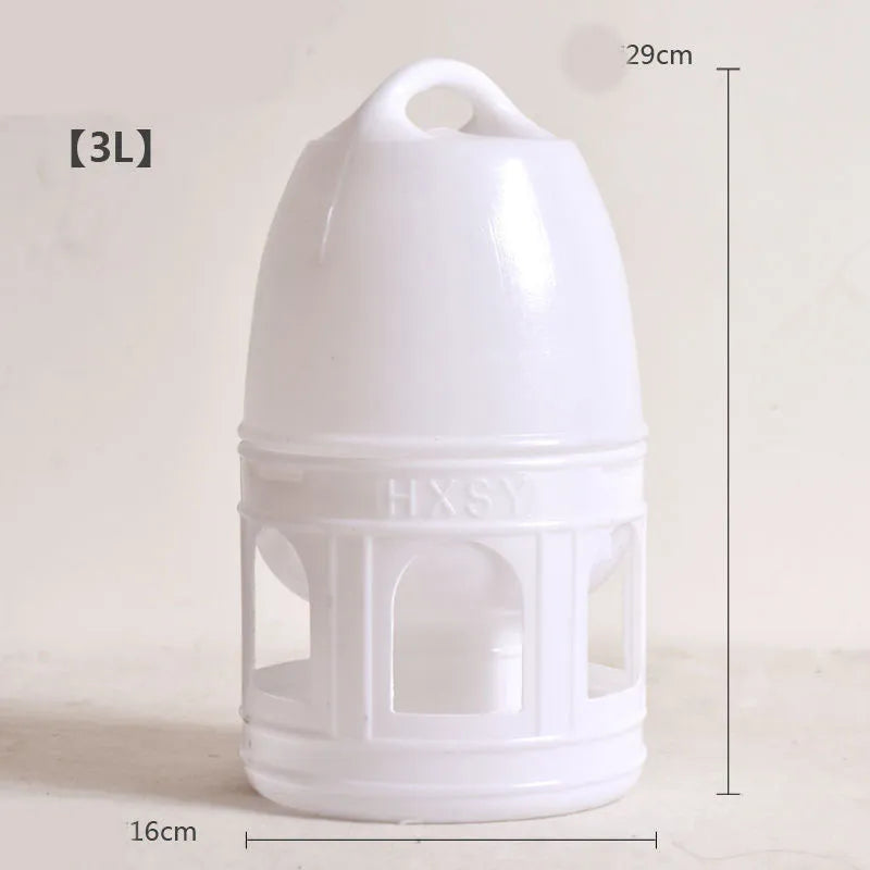 White plastic pigeon drinking bottle with nipple feeder in 1L, 3L, and 5L sizes