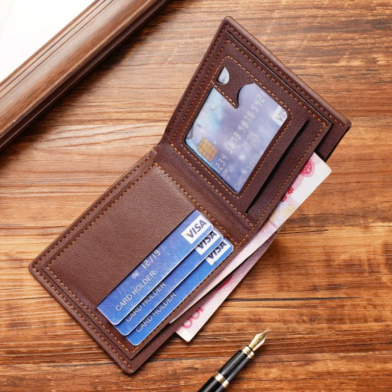 Men's black three-fold horizontal PU leather wallet showing multiple card slots.
