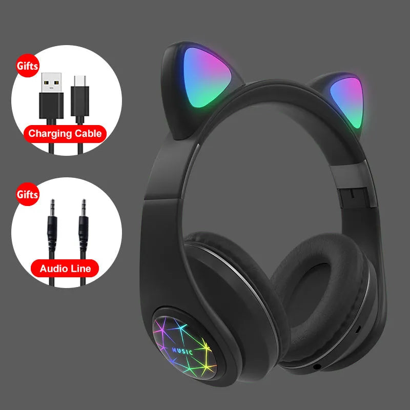 Cat ear style wireless Bluetooth sports headset shown in multiple colour options including pink, blue, and black.