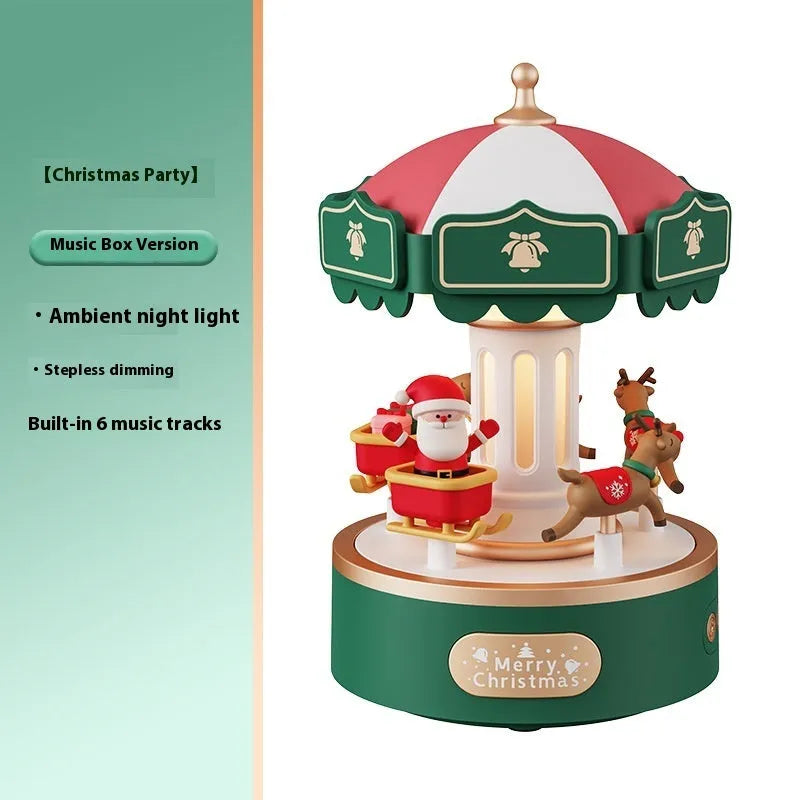 Carousel music box with ambience light showing rotating figurine and USB charging base