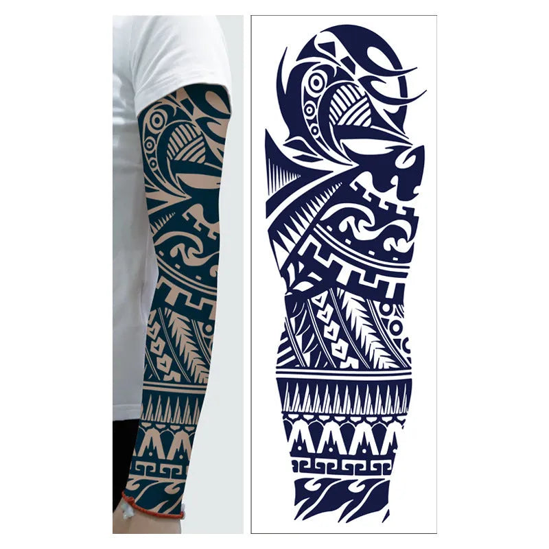 Full arm temporary tattoo sticker with 20 pattern options in black ink on paper backing