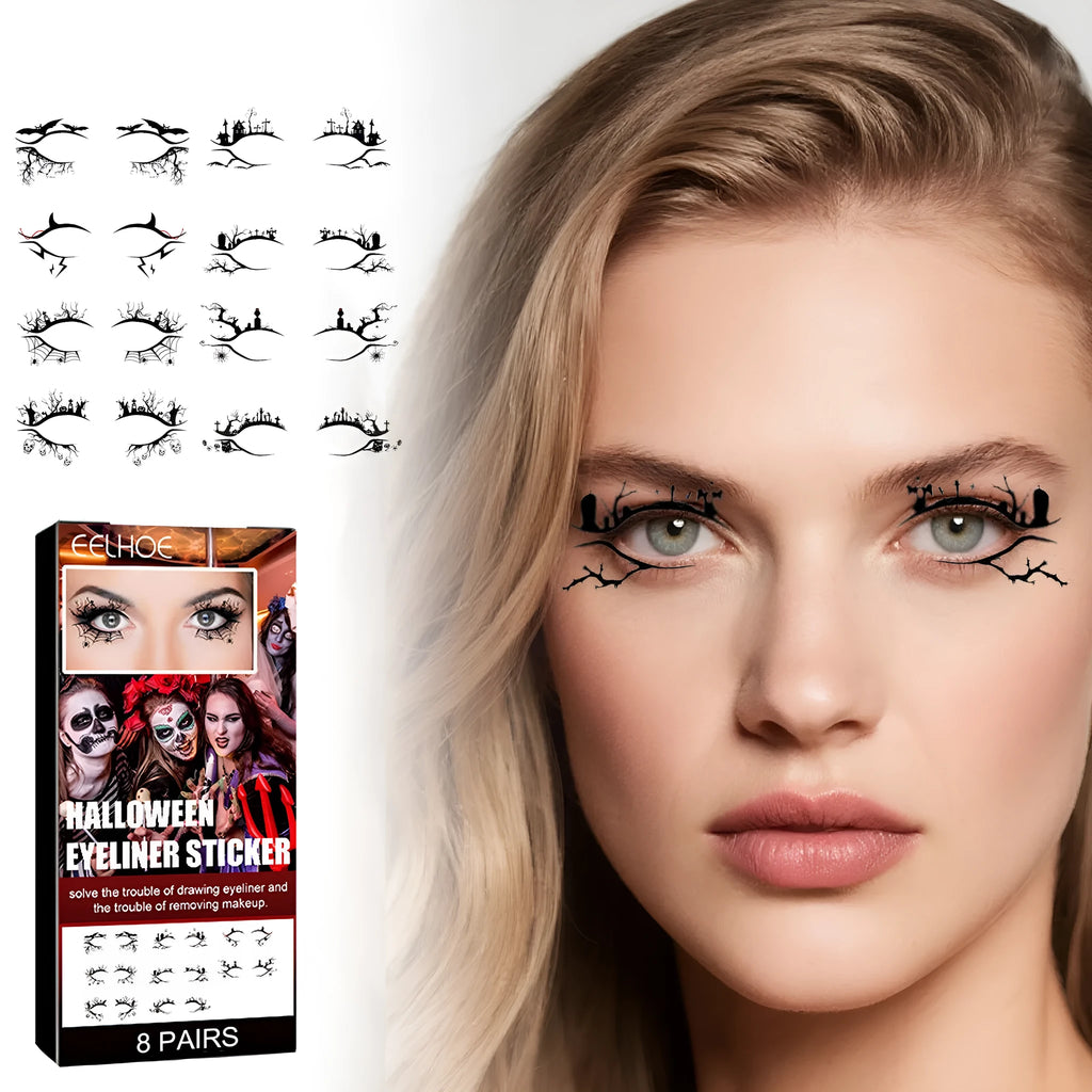 Bat and spider motif eyeliner stickers set with 8 pairs for decorative eye makeup