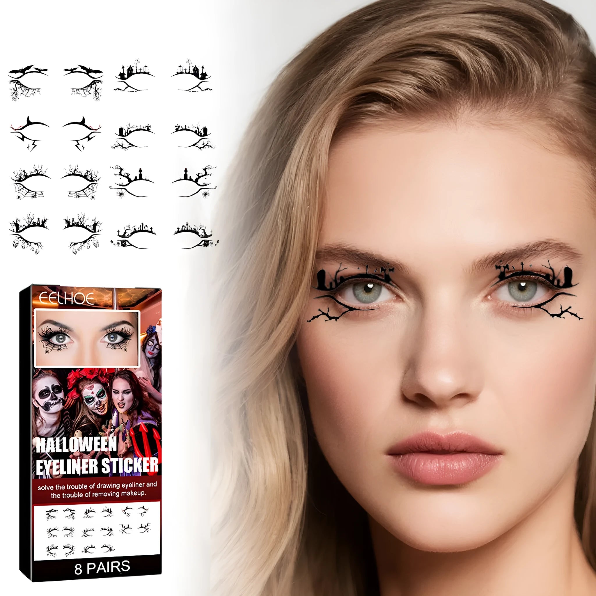 Bat and spider motif eyeliner stickers set with 8 pairs for decorative eye makeup