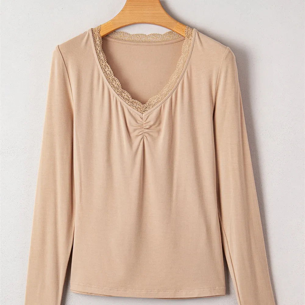 Women's slim fit casual top with lace trim in solid red colour showing long sleeves and Japanese Korean style design