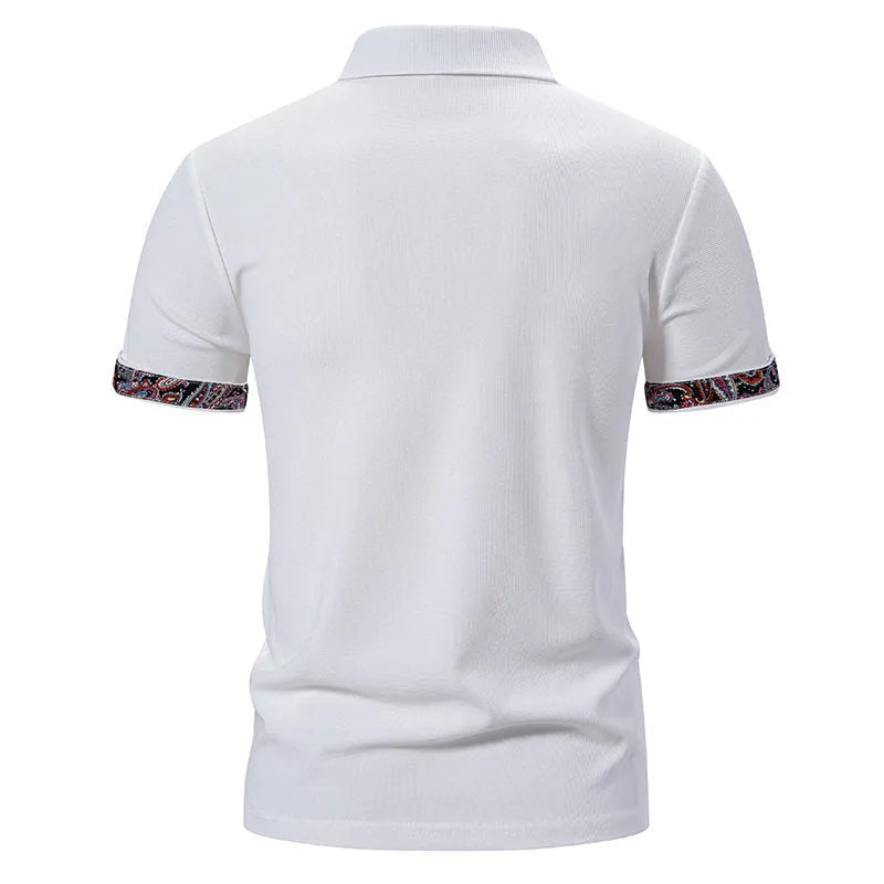 Men's navy blue polo shirt with white contrast stitching on the collar and short sleeves.