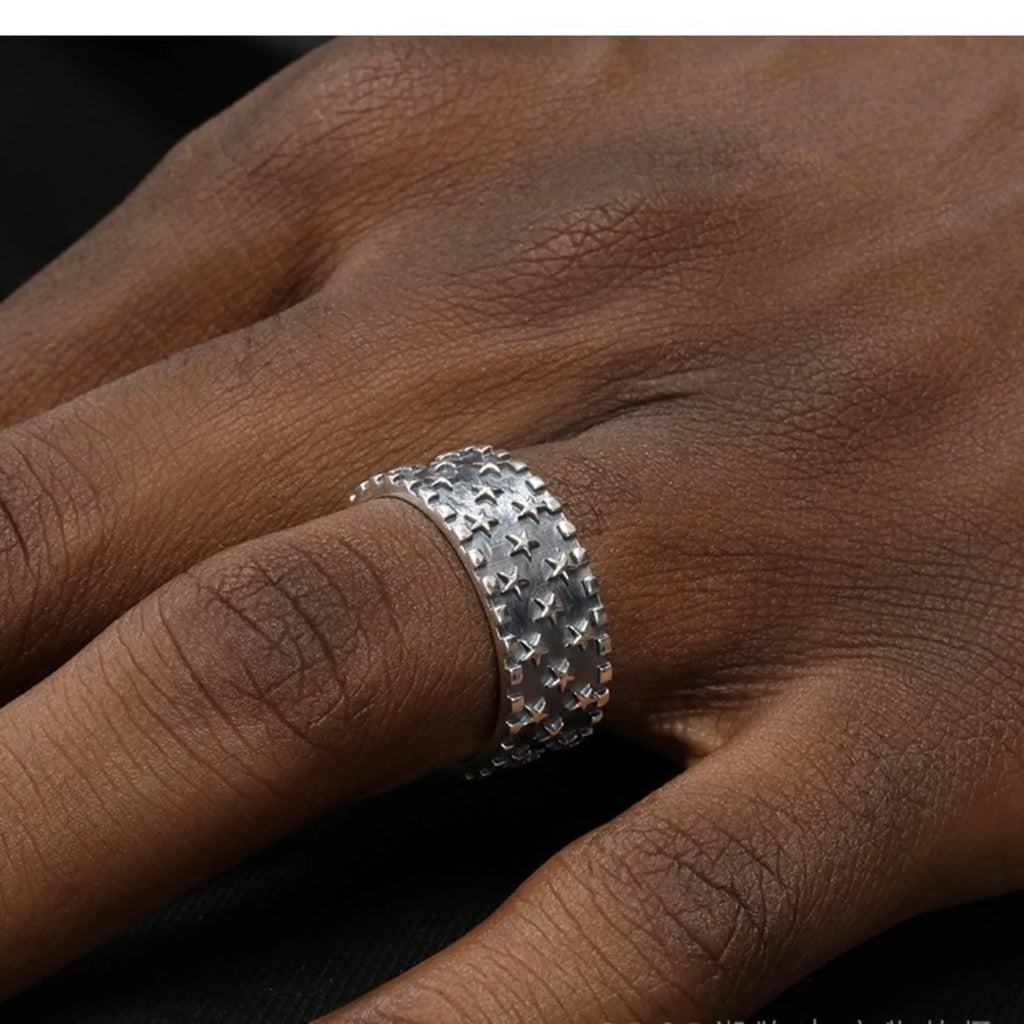 Adjustable opening silver ring with geometric multi five-pointed star design on 925 silver band