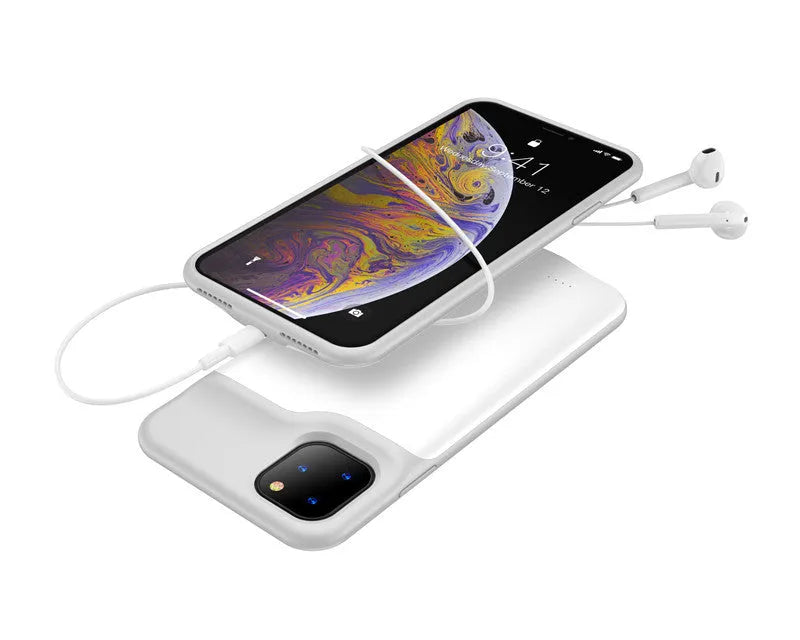Shockproof silicone battery charger case for iPhone in black, blue, pink, or white, showing integrated high-capacity battery.