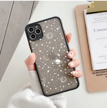 Clear mobile phone case with black frame and integrated screen cover for iPhone, showing blue light filter feature.