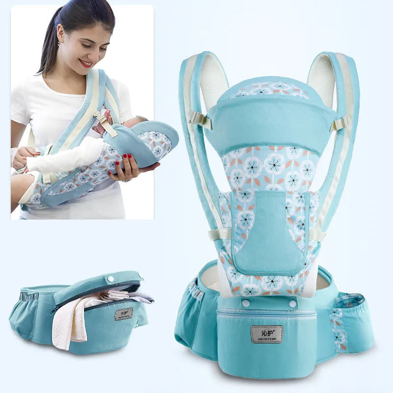 Ergonomic 3-in-1 baby carrier with hip seat, front facing, 0-48 months, large storage, long back panel, blue colour