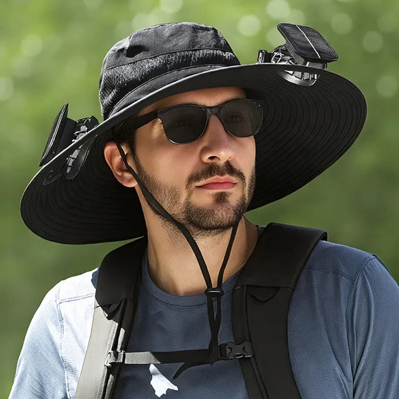 Solar-powered fan hat with adjustable brim and built-in cooling fan for outdoor use