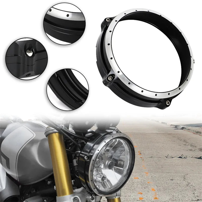 Black CNC aluminium headlight protective frame for BMW R Nine T Scrambler motorcycle.