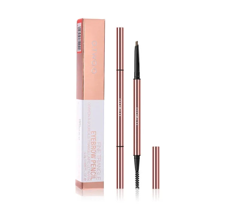 Eyebrow makeup pencil in colour box, showing six shade options: Auburn, Blonde, Caramel, Dark Brown, Soft Brown, Taupe.