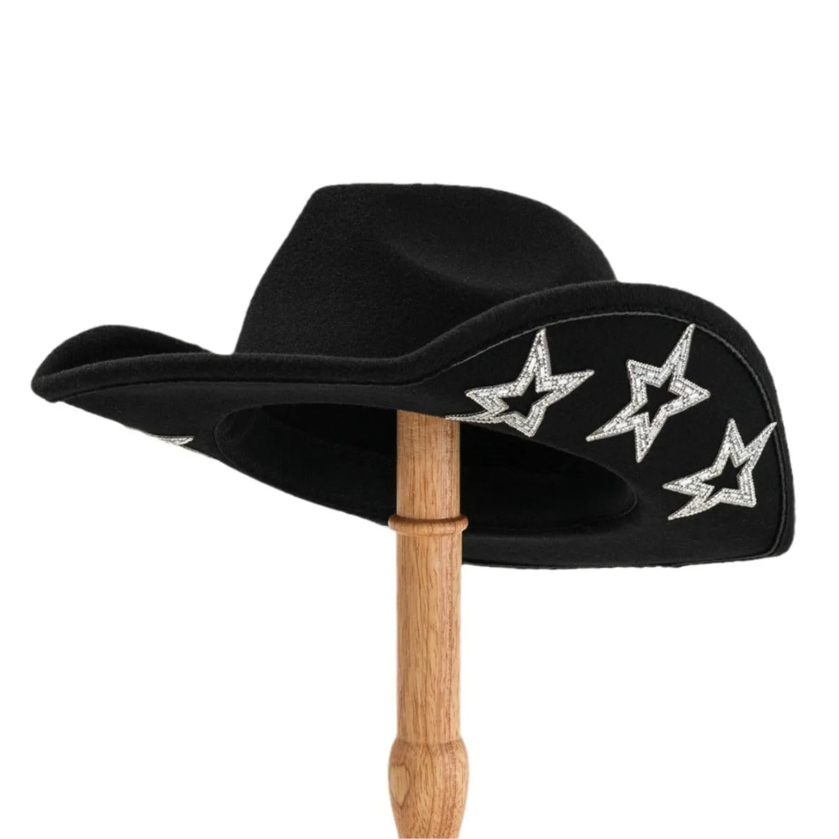 Western denim top hat with conical crown and hexagonal star decoration in polyester fabric