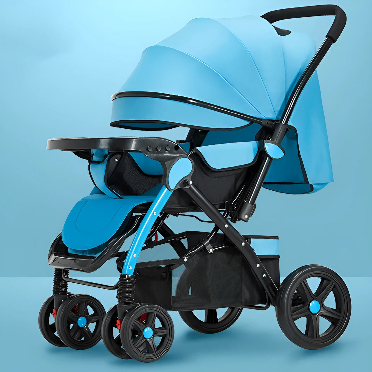 Lightweight folding reversible baby stroller with four-wheel shock absorption in multiple colour options