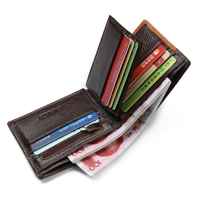 Men's soft cowhide leather square wallet open to show card slots, photo slot, bill holder, and zipper compartment.