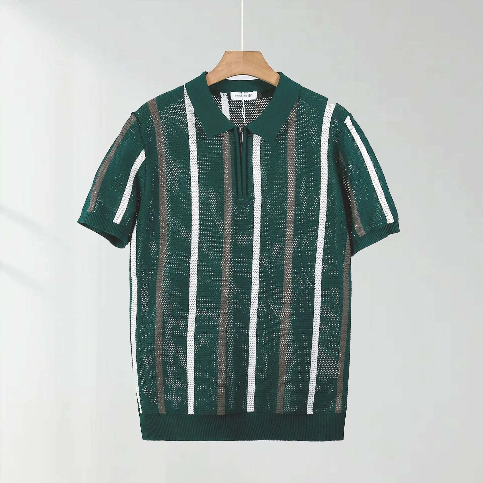 Men's short-sleeved ice silk polo shirt in loose fit with decorative zipper detail.
