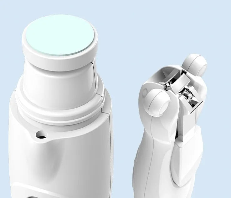 Electric baby nail clippers trimmer with green ABS shell, USB charging cable, and six grinding heads on a white background