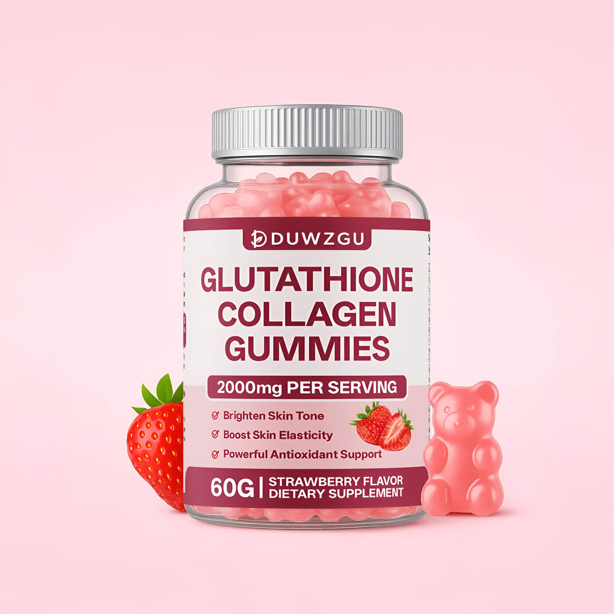 Bottle of glutathione soft candy containing 60 tablets, each 3g, chewable supplement