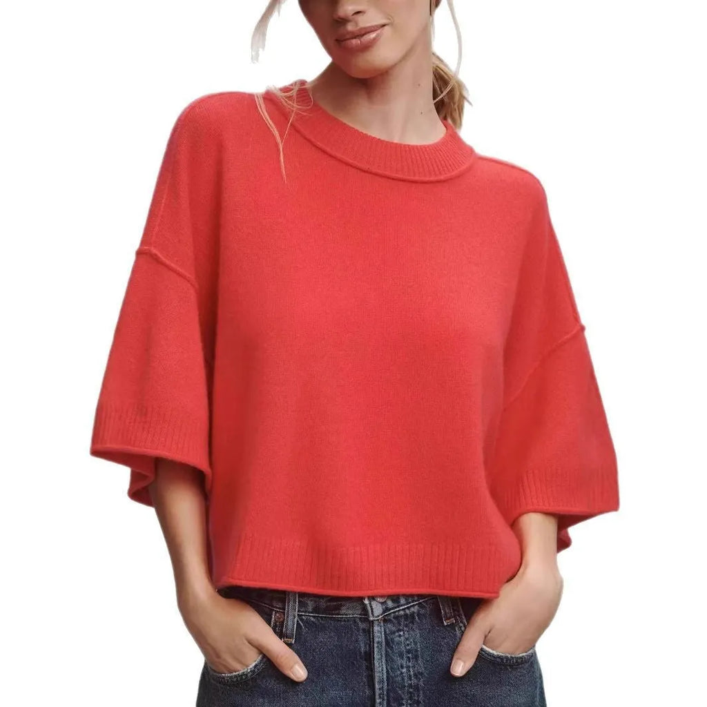 Red short sleeve viscose T-shirt with a cropped hem on a mannequin.