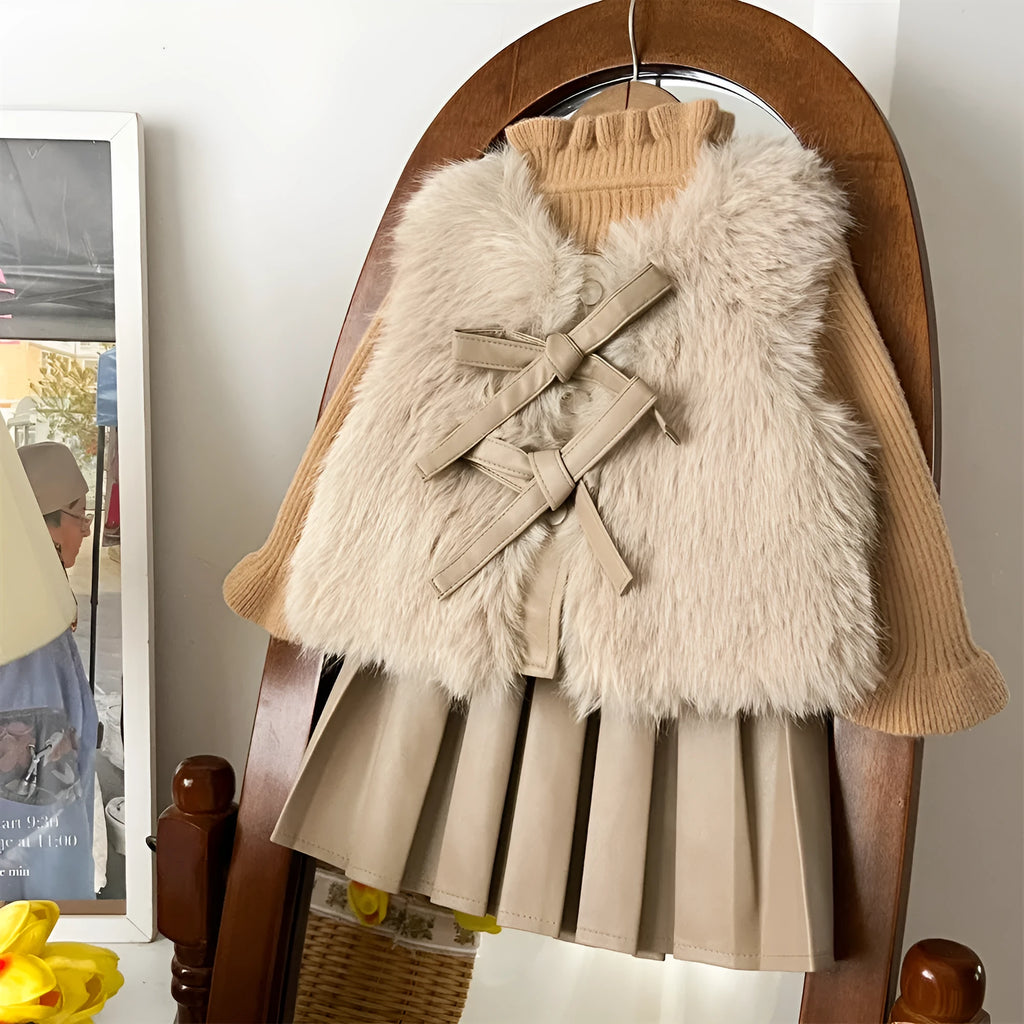 Girls autumn winter fur waistcoat leather skirt suit set in solid colour Korean style for 110cm to 150cm height