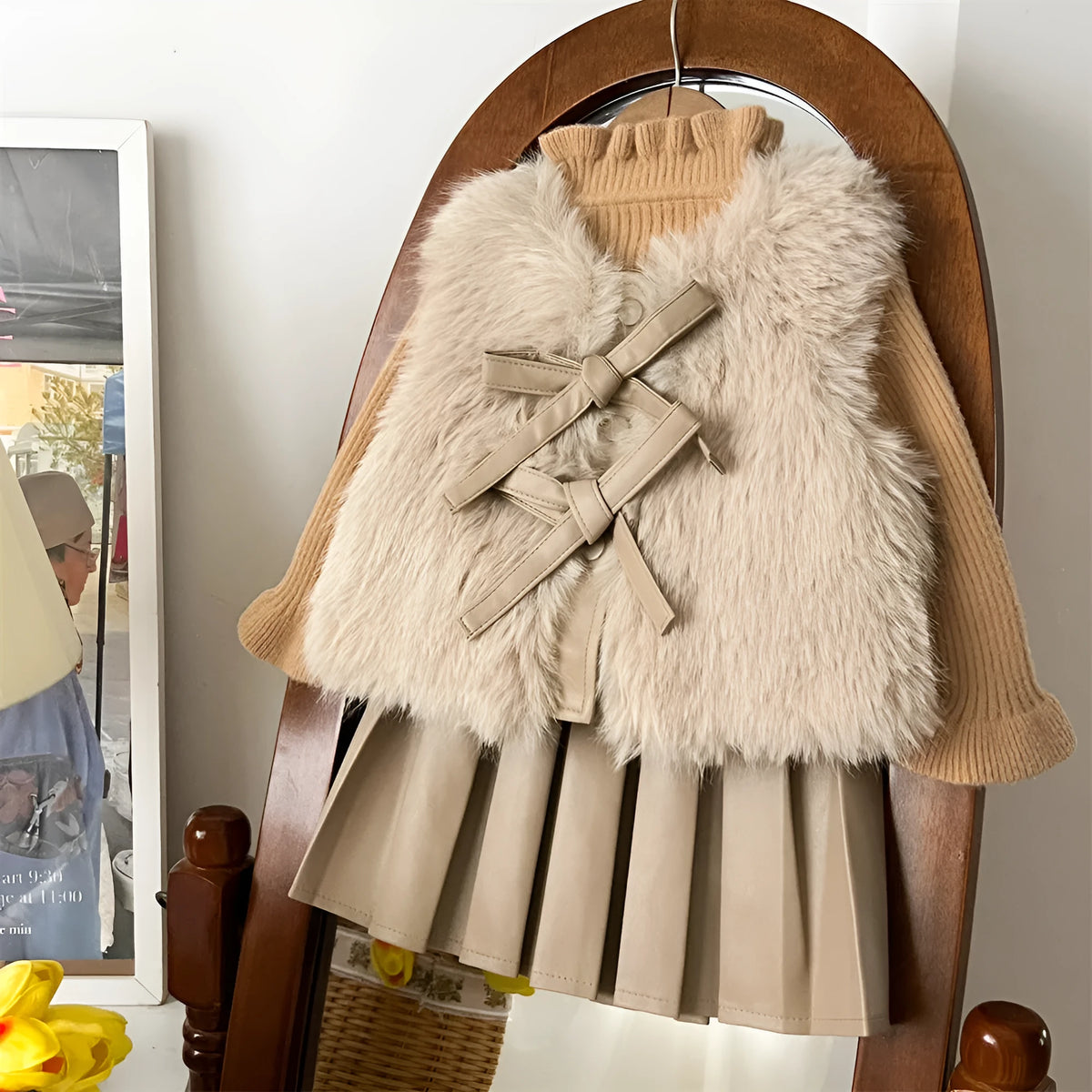Girls autumn winter fur waistcoat leather skirt suit set in solid colour Korean style for 110cm to 150cm height