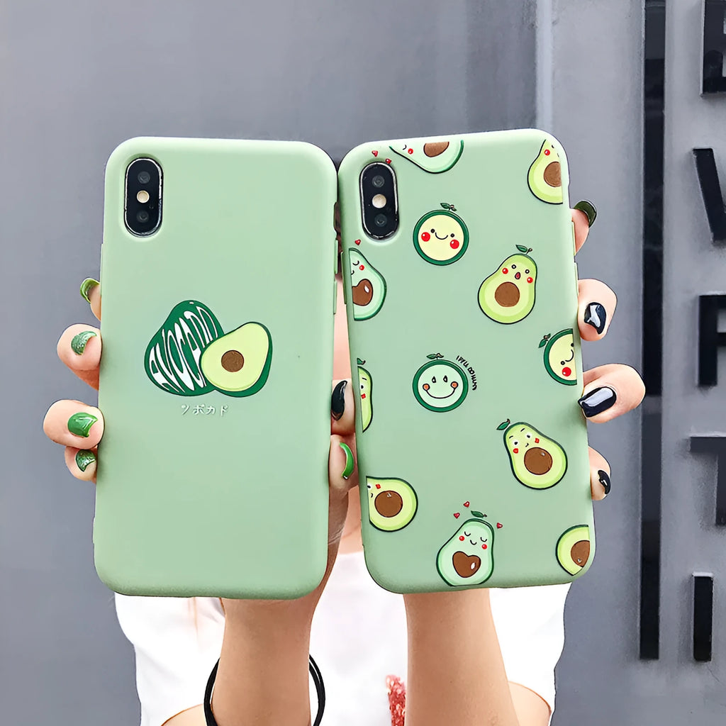 Colourful cartoon avocado design on a flexible TPU phone case for iPhone.