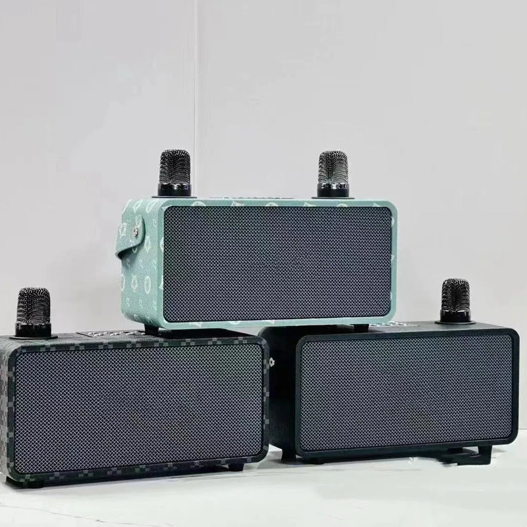 Black, square gray, or flower blue Bluetooth karaoke speaker with microphone, 20W, lithium battery, and card insertion.